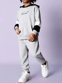 2pcs Kids Boy Back-To-School Set,Casual Street Style Solid Color Hooded Pullover Sweatshirt & Relaxed Fit Long Pants,Suitable For School,Autumn,Garden - Multicolor - View 3