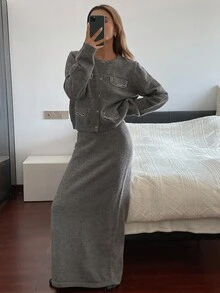 Livesso 女士秋季圆领开衫和长针织裙两件套 - 灰色 - 查看 3