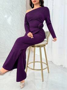 Feyla Conjunto de vestido de cóctel elegante y vintage con cintura fruncida y abertura lateral con estampado floral - Morado - Ver 2
