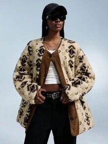 GENKIRA 女士复古拼布腰果花图案抓绒面料宽松休闲圆领长袖厚棉夹克外套，适合日常通勤，秋冬必备 - 杏色 - 查看 5