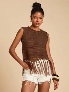 Travachic Women's Vacation Casual Hollow Out Fringe Hem Knit Top, Crochet Top Women, Tassel Top, Going Out Outfits, Casual Style, Summer Beach Outfits,