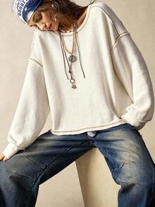 Bohemela Women's Casual Solid Color Knit Crew Neck Long Sleeve Loose Washed T-Shirt,White Top