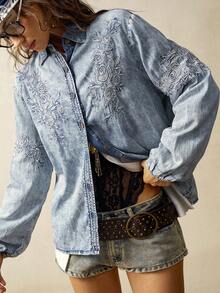 Bohemela 休闲纯色牛仔水洗刺绣翻领长袖宽松女式衬衫 - 藍色 - 查看 5