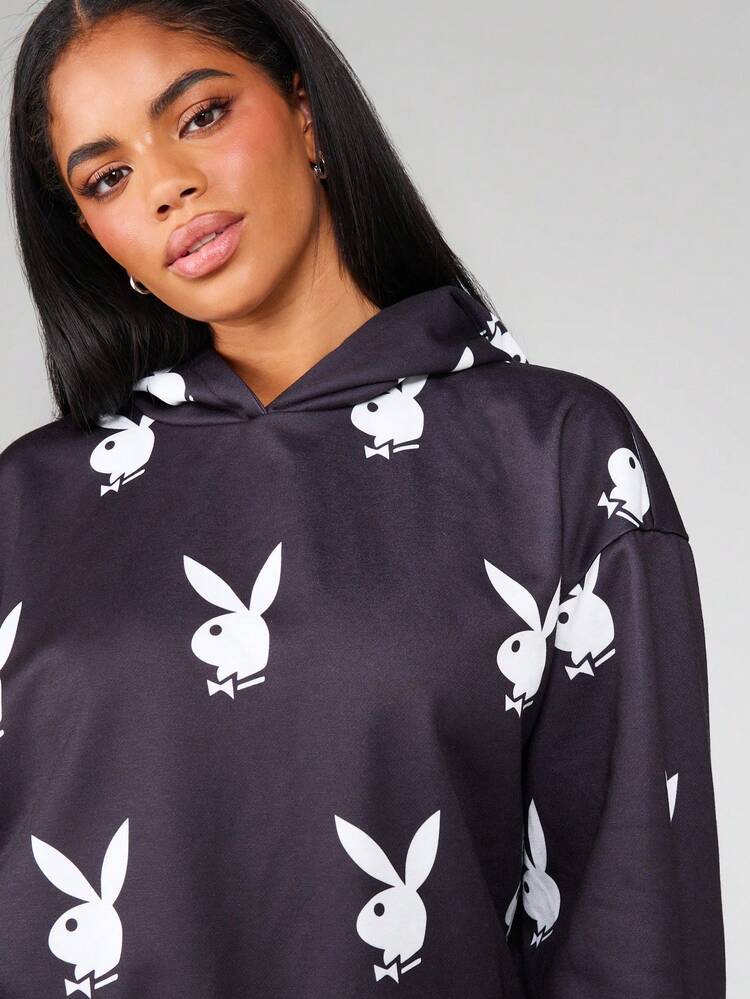 Missguided x Playboy Oversized Drawstring Hooded Mini Dress With All Over Print Design Holiday Winter Fall Party Casual Loungewear Streetwear Long Sleeve Pullover Mini Dress