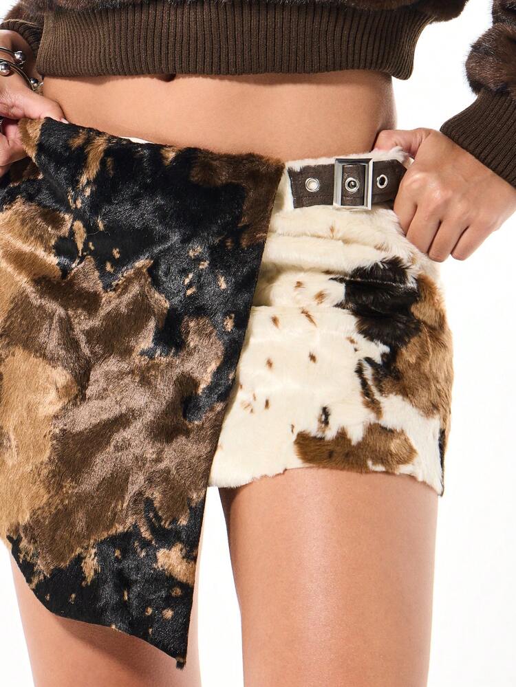 SUMWON WOMEN Asymmetric Wrap Mini Skirt With Faux Fur Belt