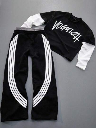 SHEIN Bolty 2pcs Teen Boy/Teen Boys Casual Everyday Versatile Comfortable Letter Print Patchwork Contrast Sleeve Pullover Hoodie And Straight Loose Fit Sweatpants Knit Set