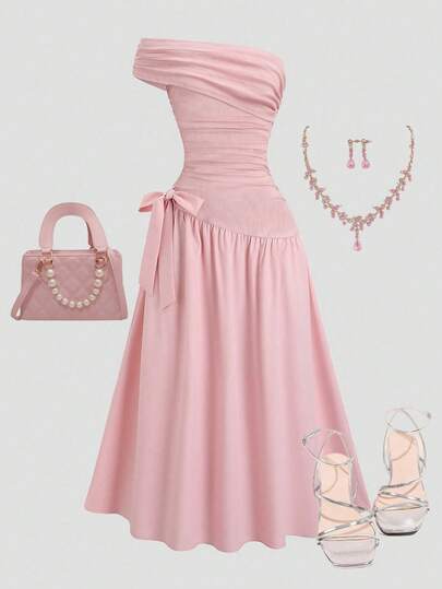 SHEIN Girlism Tween Girls Festkläder, Elegant Plisserad Off-Shoulder Lång Enfärgad Rosa, Elegant Asymmetrisk Fåll Lång Snett Axlade Klänning, RosaKlänning