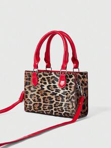 ROMWE Goth 时尚复古迷你豹纹蝴蝶结装饰撞色 PU 拉链手提包，单肩包，带可调节肩带，适合女士购物、派对、情人节礼物、日常使用，最佳母亲节礼物