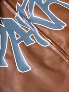 PAVTROS 男士休闲街头风字母印花PU皮长袖夹克，复古摇滚风，秋冬款 - 棕色 - 查看 7