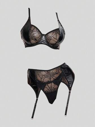 Goth Ensemble de lingerie sexy comprenant un soutien-gorge avec armatures en PU à motif toile d'araignée gothique, un string et un porte-jarretelles