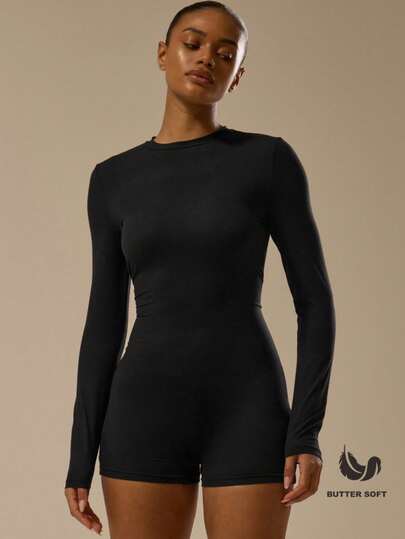 MUSERA ESSENTIALS Mono corto de manga larga ajustado, básico elegante y sexy para otoño, de tela suave y mantecosa