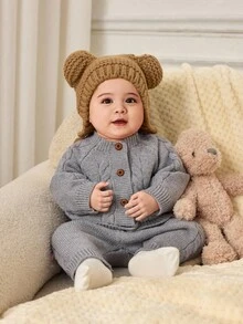 Cozy Pixies Newborn Baby Boy/Girl 2pcs Set: Solid Gray Knit Soft Crew Neck Long Sleeve Cardigan Sweater Top And Elastic Waist Pants Fall Winter Knitted Baby Boy Outfit Baby Boy Cardigan Infant Sweater Romper Boy Newborn Baby Layette Set Baby Sweater Cardigan