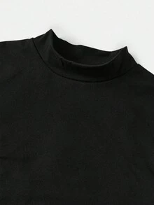 SHEIN 青少年女孩休闲基本款简约舒适高弹力羊毛立领不对称褶饰修身上衣和宽松阔腿裤两件套，返校季，黑色，适合日常外出