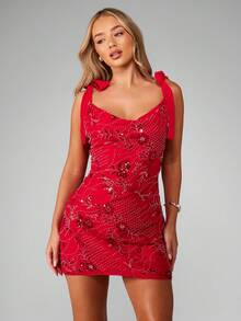 MISSGUIDED Embellished Bow Strap Mini Dress Sparkle Sequin Party Evening Wear Crystal Bead Cowl Neck Bodycon Club Holiday New Years Eve Celebration Sleeveless Design - Red - View 1