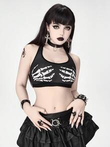 ROMWE Goth 1 件哥特式骷髅印花运动文胸无钢圈，万圣节 - 黑色 - 查看 2