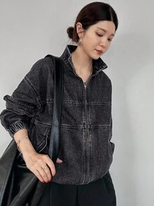 FRIFUL 女式休闲水洗宽松拉链立领牛仔夹克，秋季 - 黑色 - 查看 4