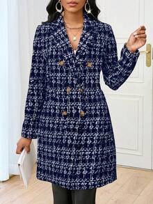 SHEIN Lady 2025 New Autumn And Winter Elegant Commuting Office Navy Blue And White Plaid Knitted Lapel Button Long Sleeve Plus Size Blazers Plus Size Coats Stylish Clothing Collection  Winter Clothes