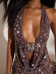 Opulessa Parte superior elegante con escote halter, espalda descubierta, bordado y lentejuelas, ideal para fiestas, bodas, eventos de Navidad, Año Nuevo y Acción de Gracias, perfecta para usar en invierno o en la playa, con un toque sexy y brillante para salir de fiesta