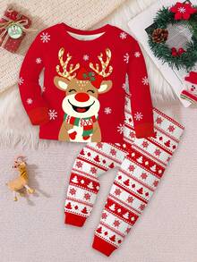 SHEIN Happikins Merry Christmas Young Girl Casual Minimalist Christmas Cute Cartoon Reindeer, Christmas Tree, Snowflake, Christmas Bell, Candy Cane Pattern, Christmas Geometric Floral, Fair Isle, Red Patchwork, Thermal Lined Soft Comfortable Long Sleeve Long Pants Sleepwear, Snug Fit Christmas Pajamas - Multicolor - View 2