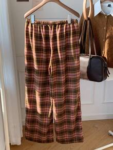 SHEIN EZwear 女式休闲格子抽绳腰长裤，秋冬 - 彩色 - 查看 2