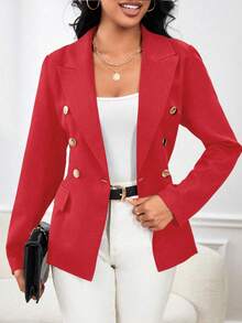 SHEIN Unity Chaqueta de cárdigan de doble botonadura con cuello pico de unicolor simple para mujer, adecuada para el trabajo y el transporte - Rojo - View 5