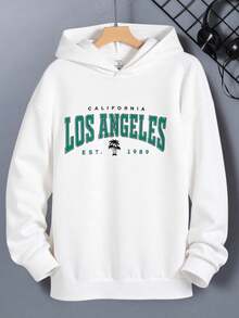 SHEIN Teens Young Men's White Autumn Y2K Graduation Back-To-School California Los Angeles Letter Graphic Print Hooded Pullover Sweatshirt,Casual Streetwear - White - View 8