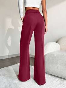 EURMUSE Women's Solid Color High Waist Pocket Toothpick Stripe Design Straight Leg Casual Pants - Burgundy - View 2
