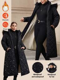 Chikora Plusstorlek dam medellång förtjockad jacka, svart, höstkläder för kvinnor, vinterkläder för kvinnor, utklädnader, utklädnader, arbetskläder för kvinnor, kontorskläder för kvinnor, affärsproffs, kontorskläder för kvinnor, kontorskläder för kvinnor plus, höstarbetskläder för kvinnor, vindtät och vattentät plus fleece för värme lång vinterkappa för kvinnor lång quiltad kappa quiltad kappa med huva vinterkappa för kvinnor lång pufferkappa