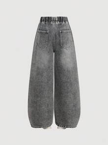 Girlism Tween Girl Casual Daily Basic Washed Gray Denim Loose Fit Jeans, Fall/Winter Dailywear,Streetwear,Christmas,New Year,Thanksgiving,Stylish,Warm, Daily Grey Baggy Jeans,Y2k,2000s - Grey - View 2