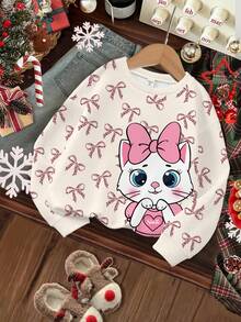 SHEIN Happikins Young Girls Cream White, Cute Leopard Bow, Cartoon Cat Heart Print Loose Fit Casual Comfortable Round Neck Long Sleeve Sweatshirt, Suitable For Daily Wear, Christmas, Street Style, Home, Vacation, Cozy Season, Autumn & Winter Outfits , Easy Comfort, Autumn & Winter Layers For Girls, Stylish Girls, Casual Wear, Kids Graphic Clothes, Fall & Winter Clothes, Chic Autumn, Fall New Style, Homecoming - Multicolor - View 3