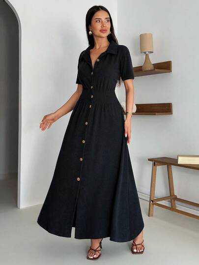 EURMUSE Woman Solid Color Textured Midi Length Button Up Shirt Collar Neck Short Sleeve A Line Casual Daily Going Out Dress