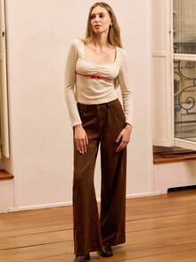 lacRébo Ribbed Long Sleeve Top With Vellvet Pink Bow Detail Spring Women Spring Summer French Style Parisian Style - Apricot - View 3