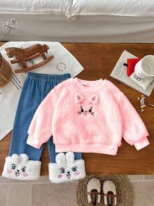 SHEIN 2pcs Baby Girls Pink Autumn Cute Family Matching Outfit,Animal Embroidery Fluffy Long Sleeve Sweatshirt And Pants With Fluffy Embroidered Hem Set - Pink - View 6
