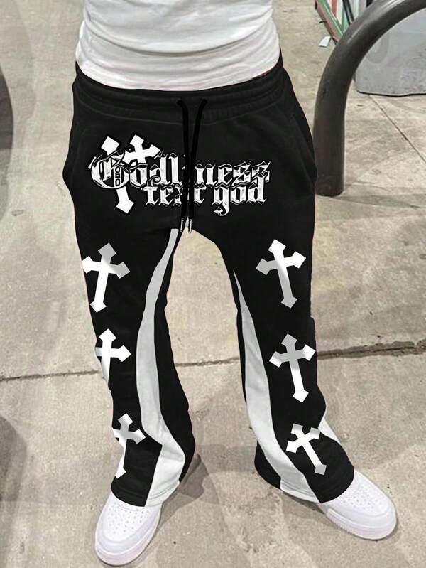 Manfinity EMRG Pantalones de chándal casuales y holgados con cordón en la cintura y estampado de letras, para rave