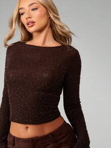 MISSGUIDED Sparkly Long Sleeve Crop Top Holiday Party Evening Glitter Clubwear Textured Fall Winter Evening Scoop Neck Form Fitting Top