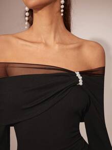 Enchnt Maglia a maniche lunghe da donna in maglia aderente, con decorazione in perle, patch in rete, scollo a spalle scoperte, adatta per feste, appuntamenti, vacanze, laurea, uscite, Ognissanti, Natale, autunno, Capodanno