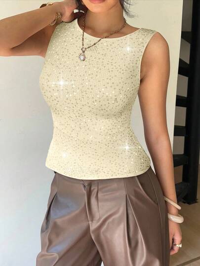 Siren Gaze Sequin Decor Casual Fashionable Sleeveless Top For Women, Summer Luxury Glitter