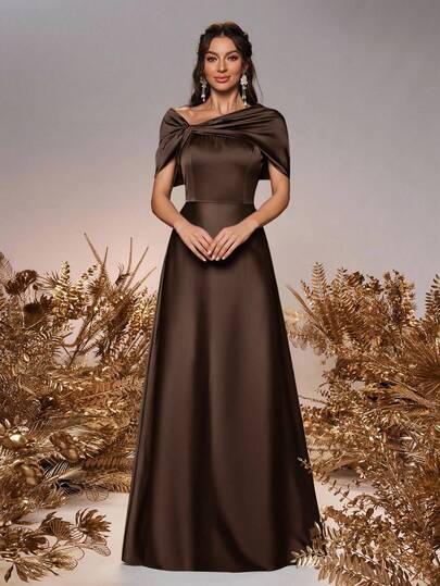 SHEIN Belle 女士优雅浪漫灰绿色缎面露肩扭结不对称蝴蝶结 A 字正式伴娘礼服，适合婚礼活动