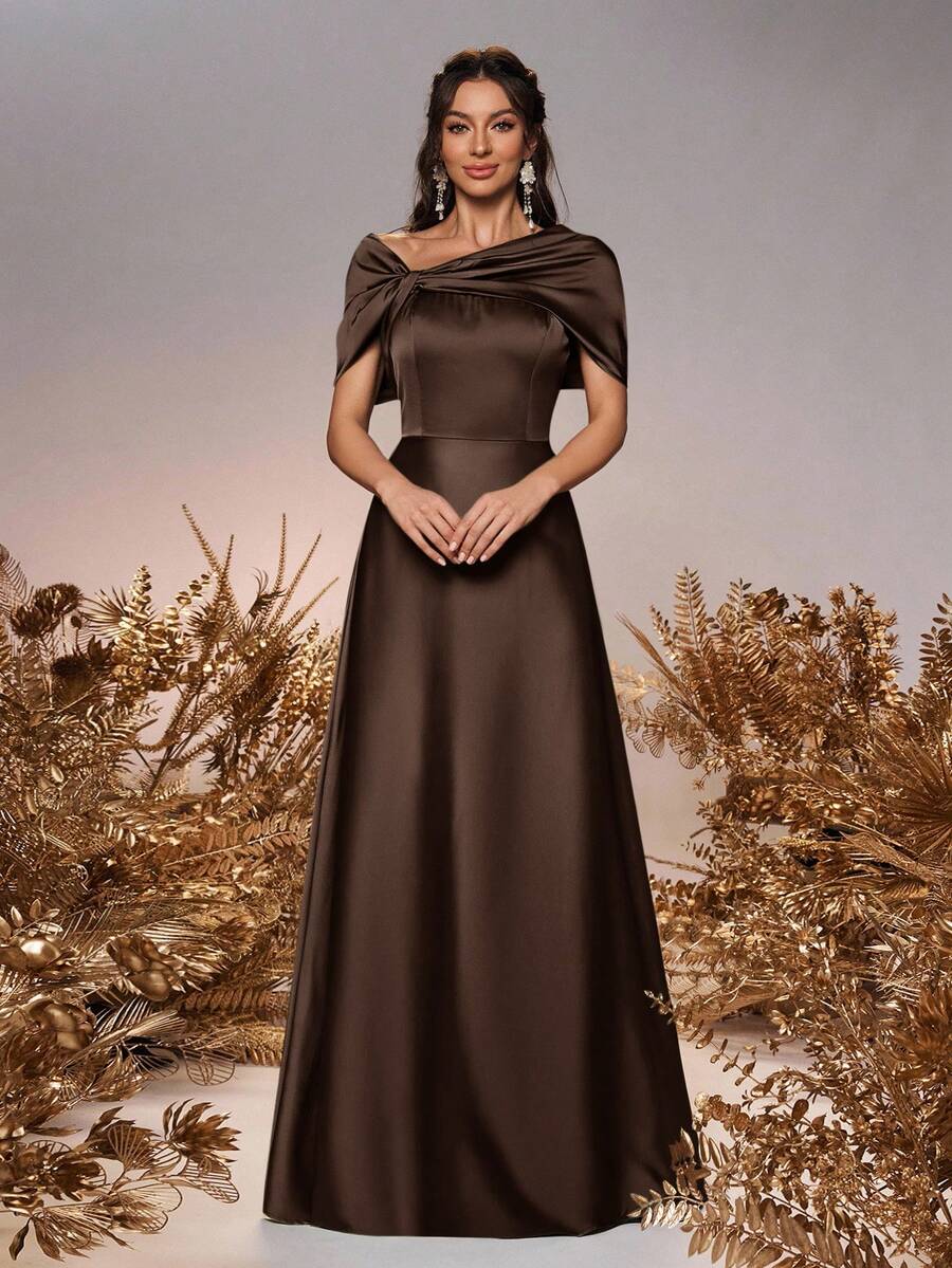 SHEIN Belle 女士优雅浪漫灰绿色缎面露肩扭结不对称蝴蝶结 A 字正式伴娘礼服，适合婚礼活动