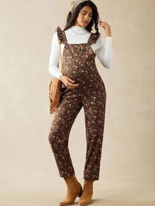 Boho Mama 孕婦碎花拼接荷葉邊連身褲，孕婦吊帶褲，保守風夏季音樂會藍色蝴蝶秋季款 - 棕色 - 查看 6