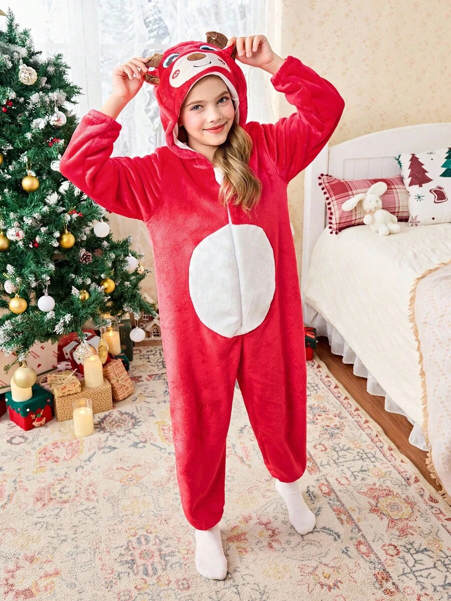 少女可爱卡通动物睡衣驯鹿连帽舒适家居服睡衣连体衣，圣诞节 - 彩色 - 查看 1