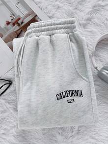 SHEIN Teen Girls Embroidered Floral Gray Ankle Cuff Sweatpants Grey Sweatpants California Sweatpants Baggy Sweatpants Teen Sweatpants Gray Sweatpants Fall Winter - Light Grey - View 3