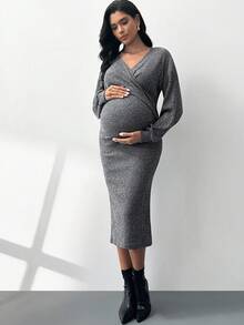 MaterniWear 孕妇纯色重叠V领落肩长袖罗纹修身优雅哺乳连衣裙 - 灰色 - 查看 3