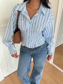 SHEIN EZwear Casual Striped Gathered Waist Shirt, Suitable For Commuting In Autumn - Multicolor - View 4