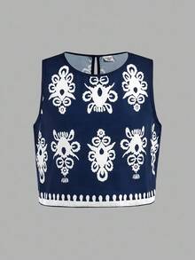 SHEIN Tween Girl Casual Fitted Vacation Print Crew Neck Cropped Sleeveless Tank Top And Shorts Woven Set - Navy Blue - View 5