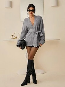 Lyxana Damen einfarbiger Cardigan mit Trompetenärmeln, Langarm, Lässig, mit Gürtel, Herbst/Winter - Grau - Übersicht 5