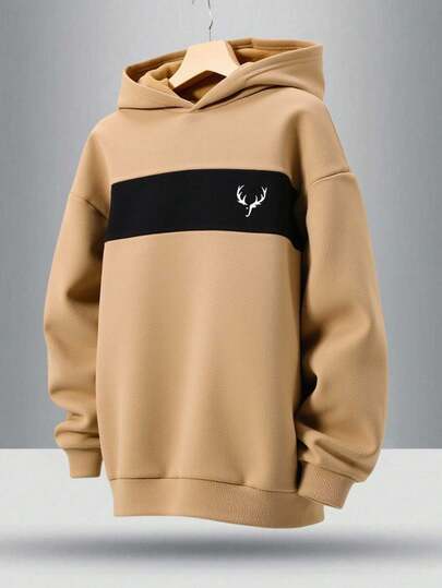 SHEIN Sudadera casual de Navidad con estampado de renos y contraste de color para adolescentes varones, minimalista clásica de unicolor versátil, adecuada para el hogar, el transporte, la escuela, el uso diario casual, los viajes, al aire libre, las fiestas, otoño/invierno sudaderas para hombres, sudadera para adolescentes, sudadera para chicos adolescentes