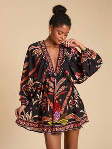 Travachic Lässiges Minikleid mit Pflanzendruck und Fledermausärmeln für den Urlaub, Boho-Kleid mit Paisley-Print und langen Ärmeln, Herbst-Winter-Damen, Neujahrs-Look, Thanksgiving-Outfits, elegante Kleider für Partys, luxuriöse Abendkleider für Hochzeiten - Verschiedenfarbig - Übersicht 7