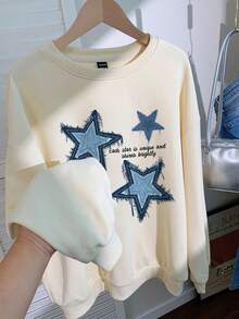 SHEIN EZwear 休闲简约星星印花浅杏色长袖宽松女式卫衣，适合秋冬季 - 米色 - 查看 5