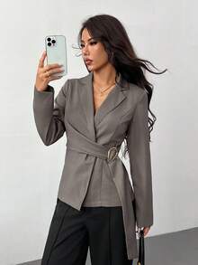 SHEIN PETITE Women's Metal Decoration Brown Gray Imitation Linen Waist Suit Jacket/Fall Women Clothes/Fall Outfits Women /Fall Outfits/Back To School/Homecoming/Business Casual Woman /Old Money Style Women/Office Outfits For Women/Going Out Outfits,Fall Clothes For Women